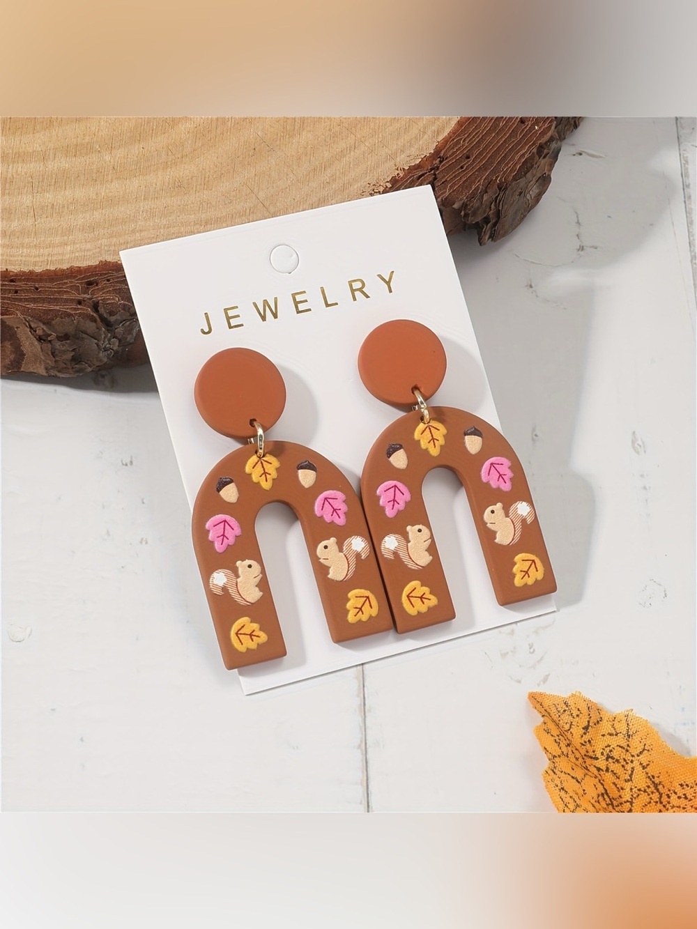 Brown Arch Drop Earrings with Squirrel & Leaf Motif
